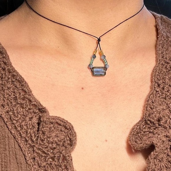 Handmade Jewelry - blue picasso Czech glass necklace ✦ black cord
